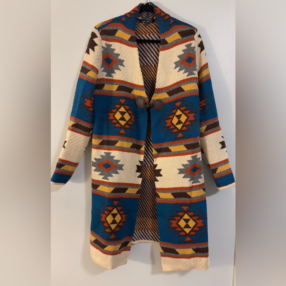 Aztec-Inspired Blue and Cream Cardigan